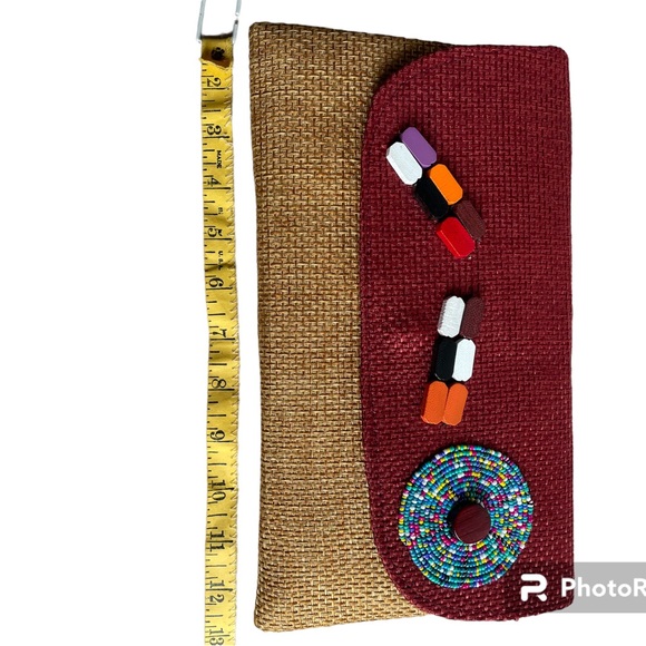 NWOT African Handmade Woven Womens Abstract Clutch Purse Maroon Tan Snap Closure - Picture 6 of 14